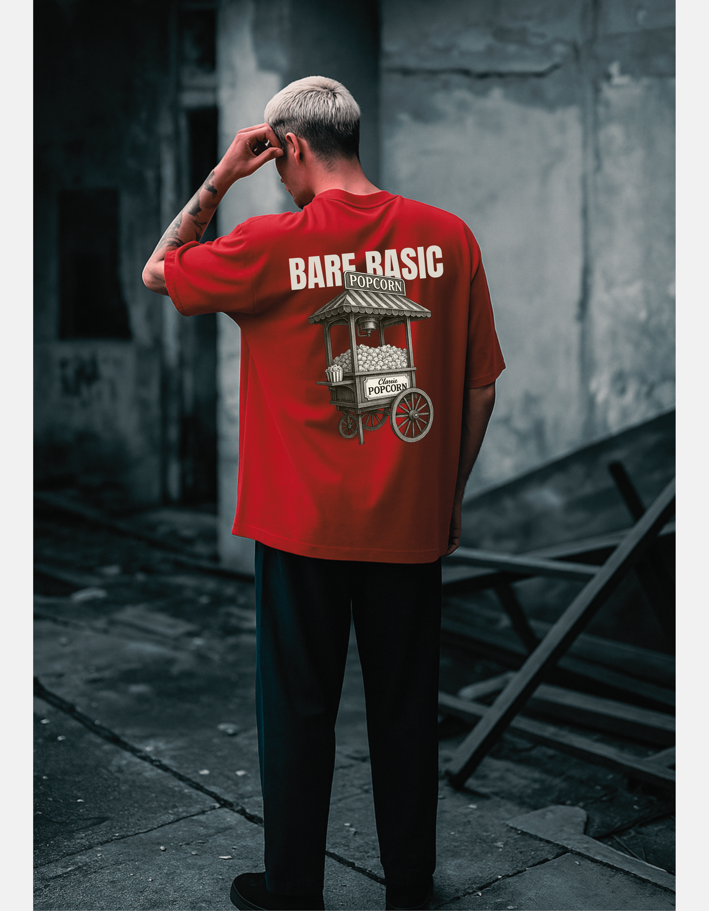 Retro Popcorn Cart T-Shirt – Red | Oversized Unisex Tee | Bare Basic