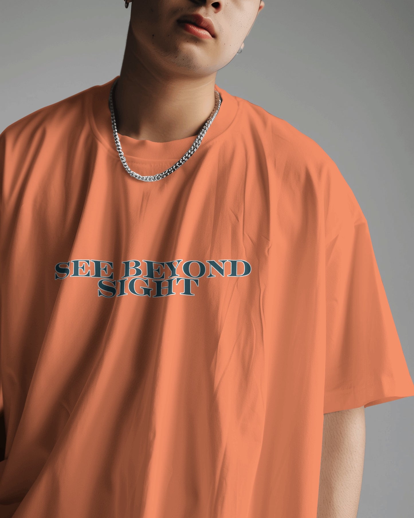 "Oversized 'See Beyond Sight' Owl Graphic On Coral T-Shirt"
