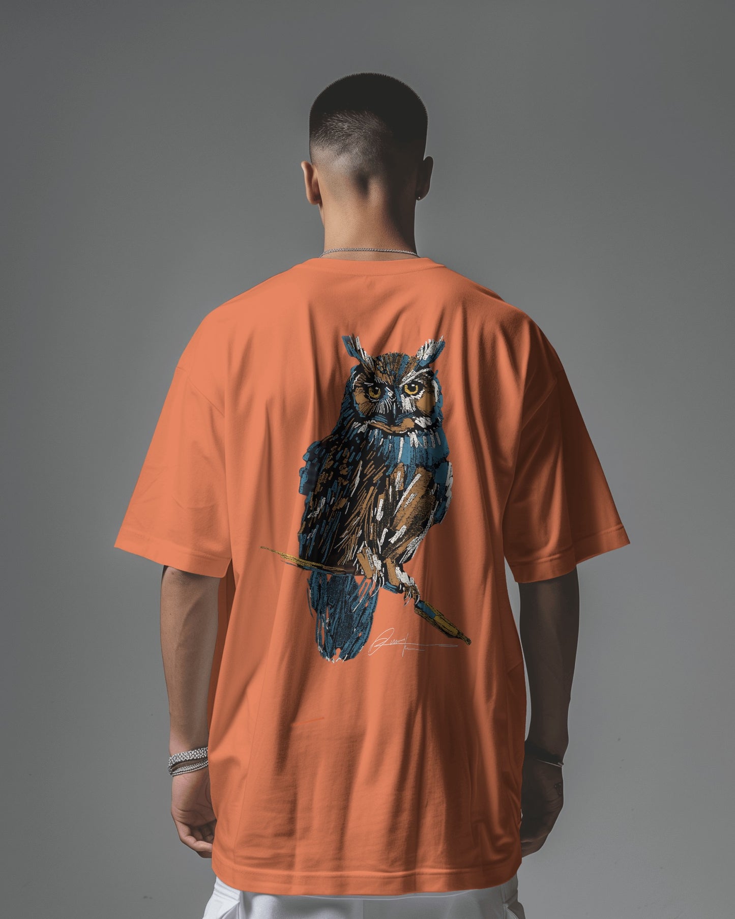 "Oversized 'See Beyond Sight' Owl Graphic On Coral T-Shirt"