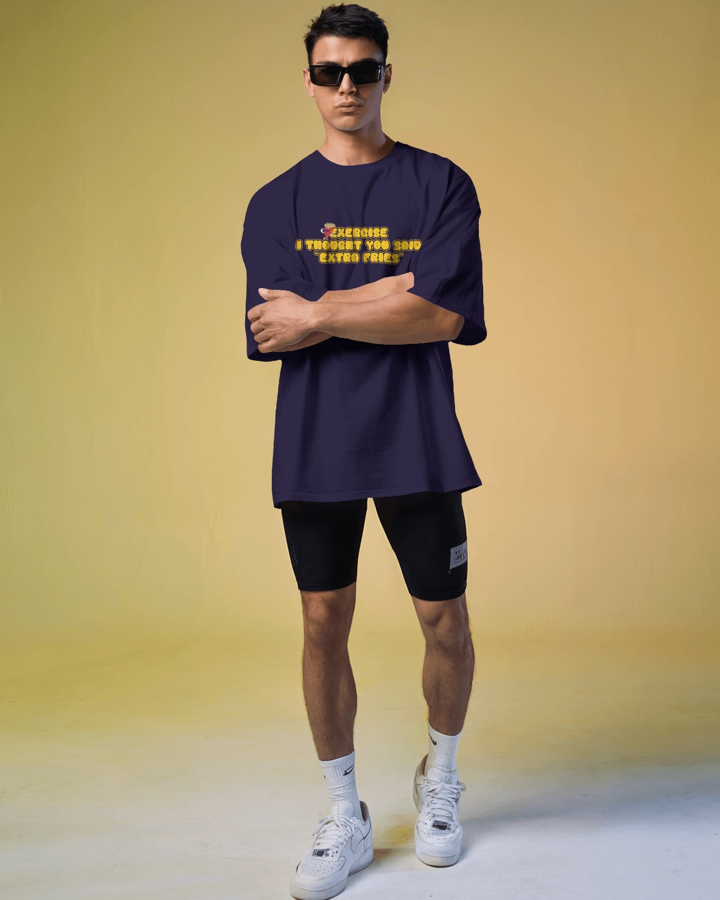 Loose Fit 'Exercise? I Thought You Said Extra Fries' Graphic Navy Blue T-Shirt"