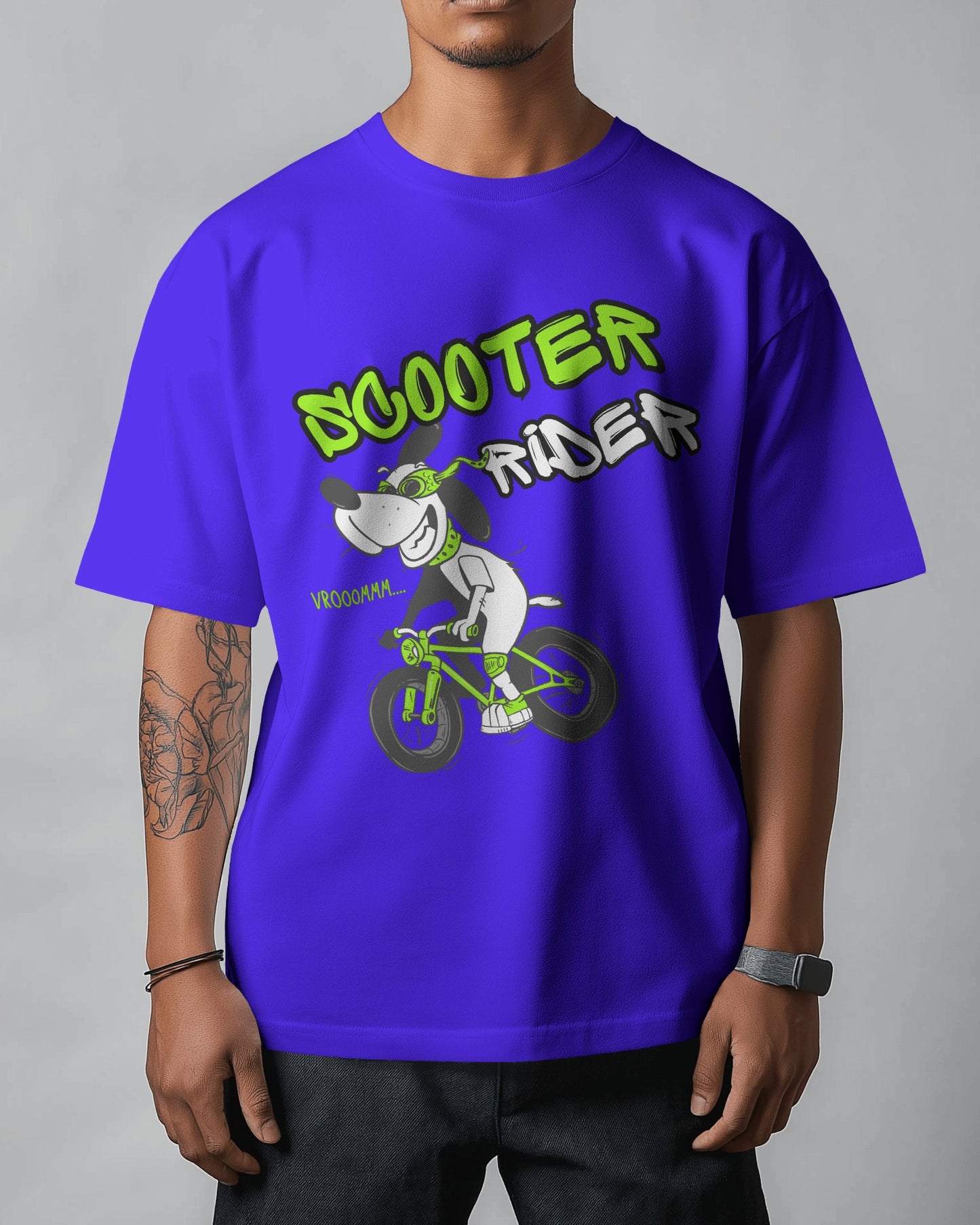 "Loose Fit 'Scooter Rider' Graphic Blue T-Shirt"