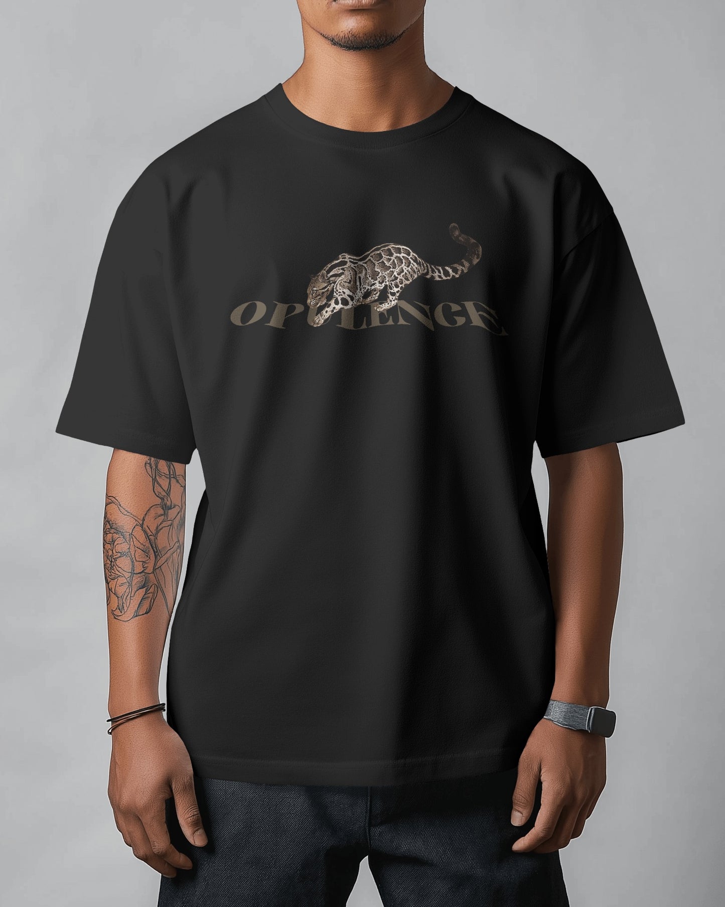 "Oversized Fit 'Opulence' Leopard Graphic Black T-Shirt"