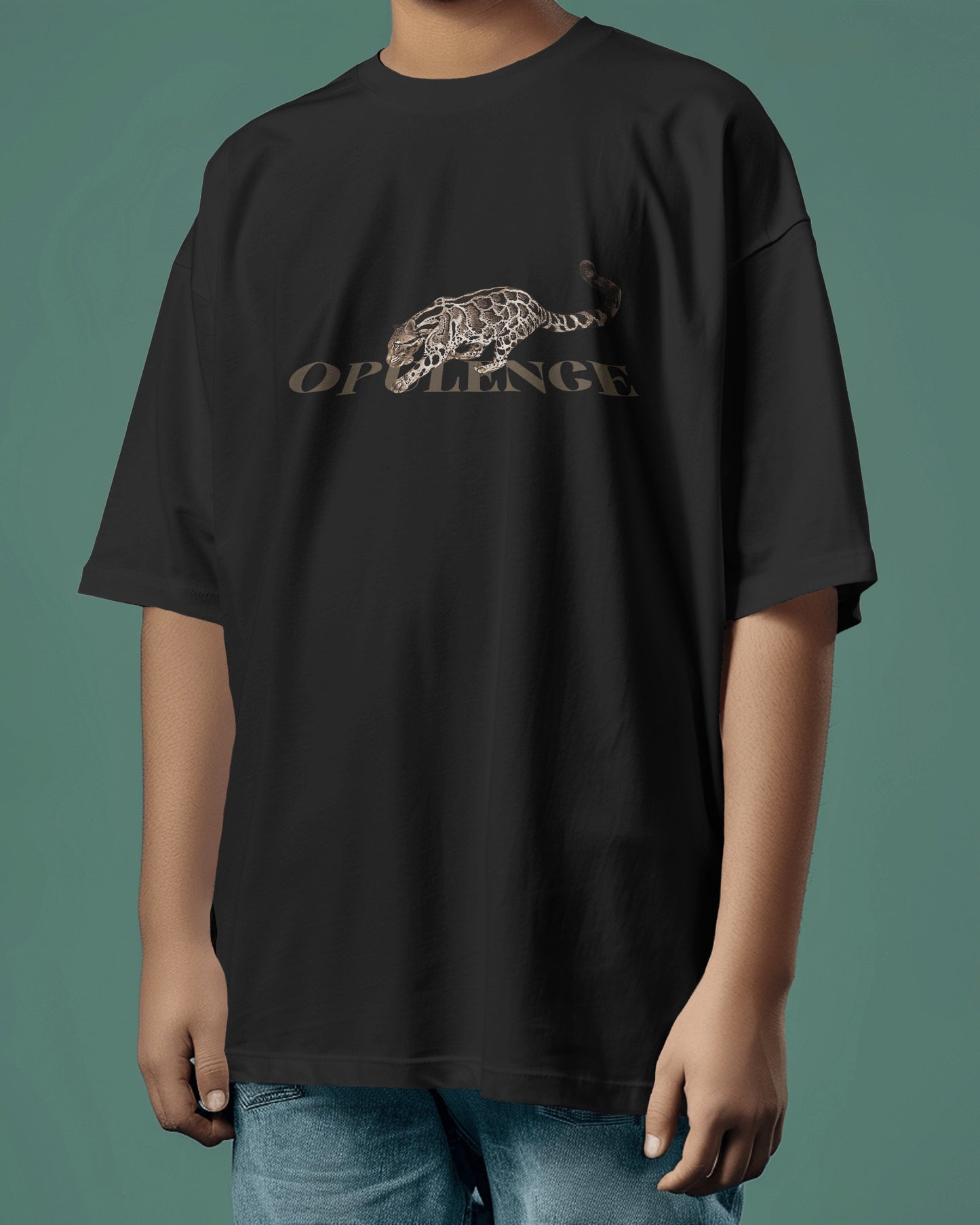 "Oversized Fit 'Opulence' Leopard Graphic Black T-Shirt"