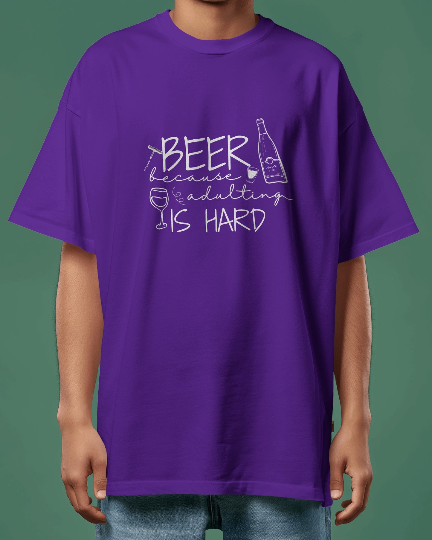 "Loose Fit 'Beer Because Adulting is Hard' Graphic Purple T-Shirt"