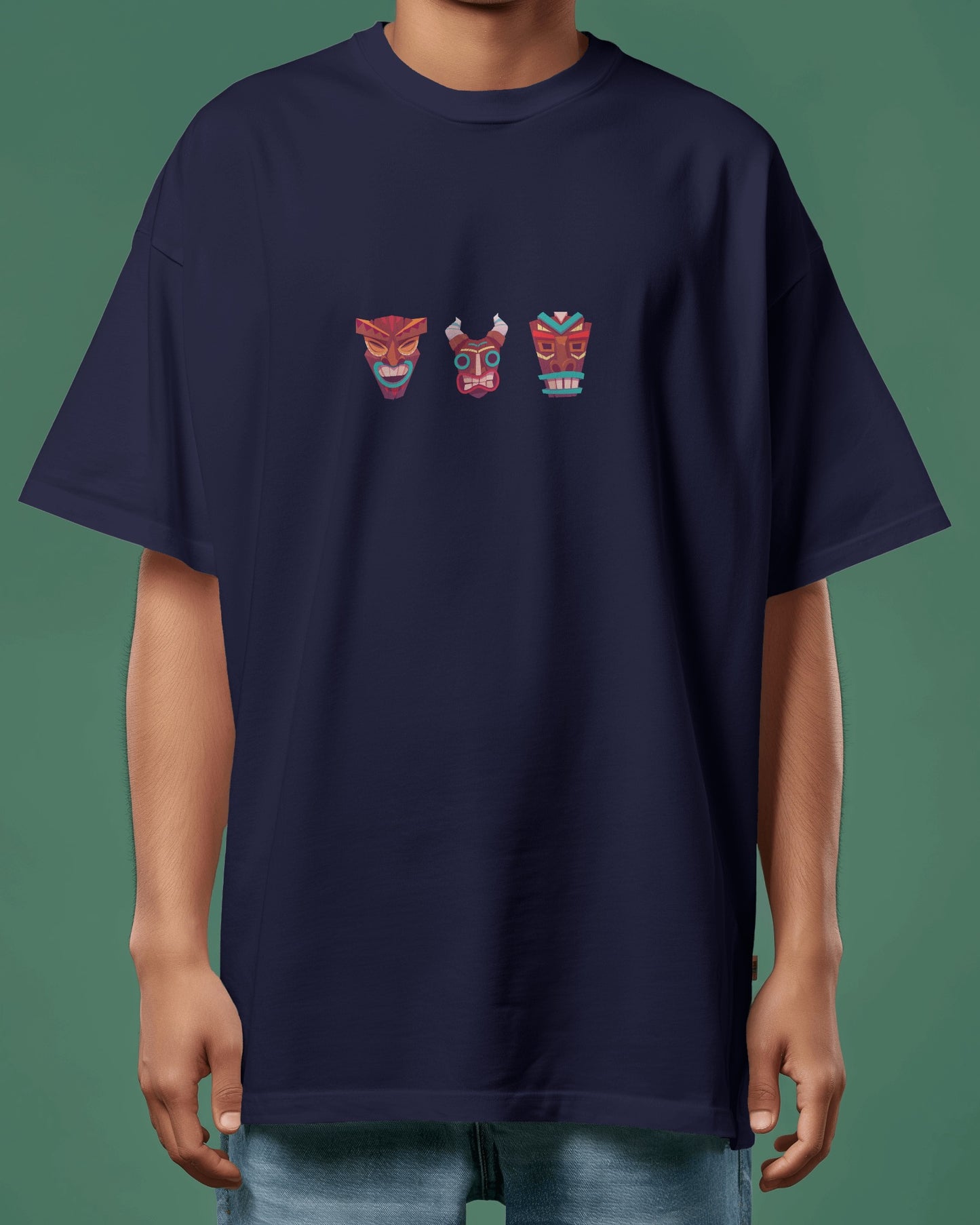 "Loose Fit 'Tiki Masks' Graphic Navy Blue T-Shirt | Unisex"