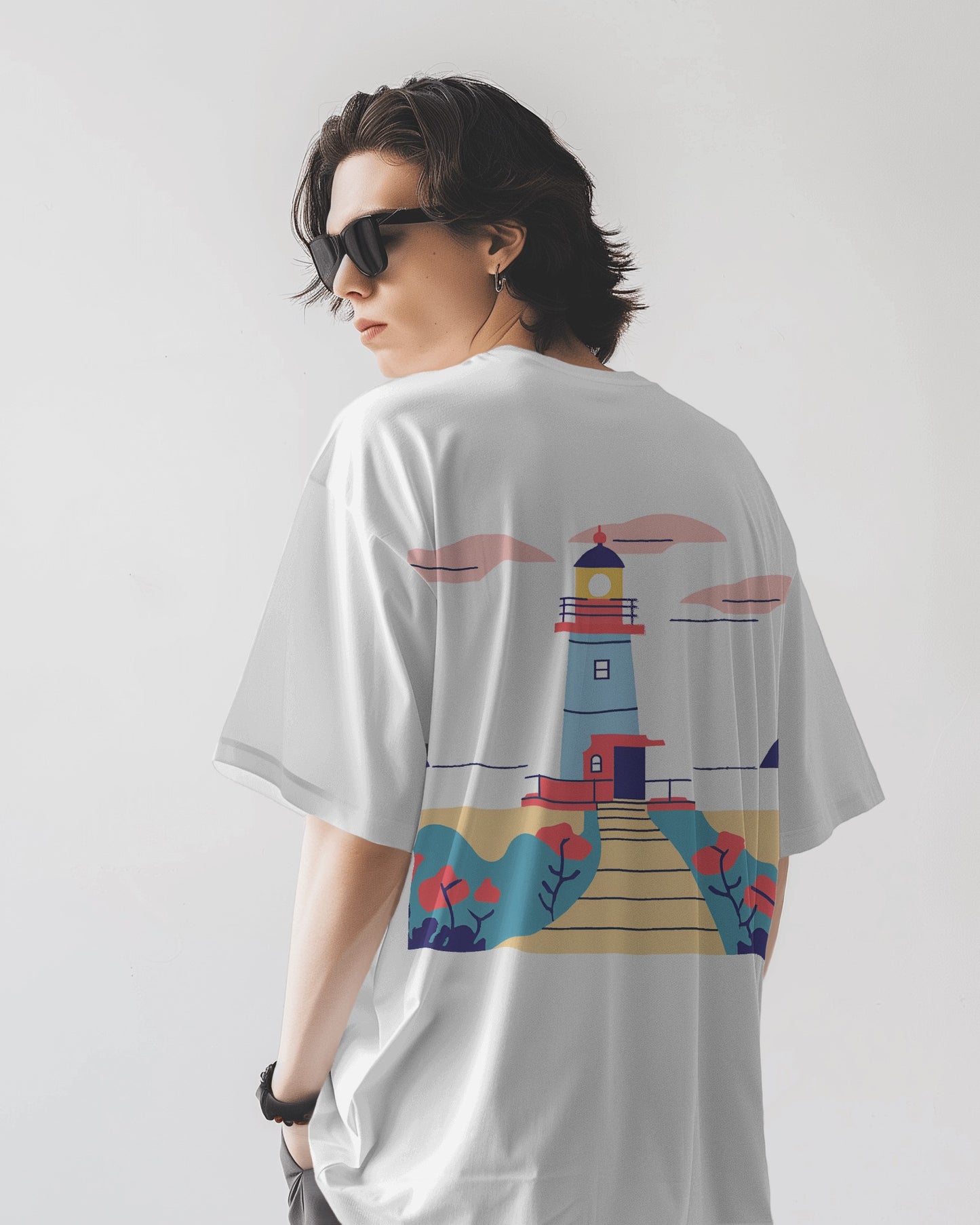"Casual Fit 'Lighthouse' Graphic White T-Shirt"