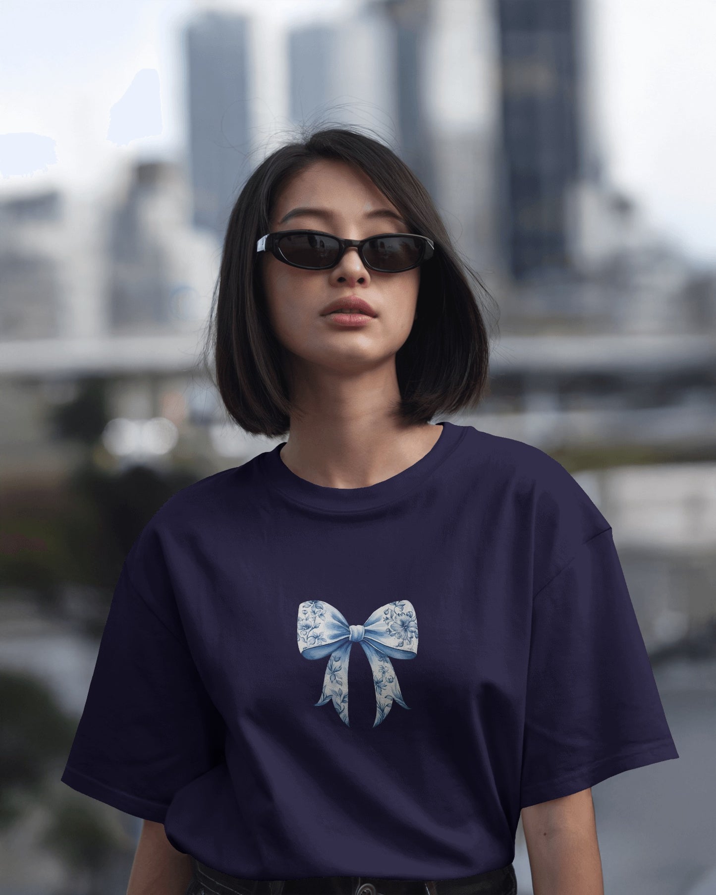 "Floral Bow Elegant Navy Blue T-shirt"