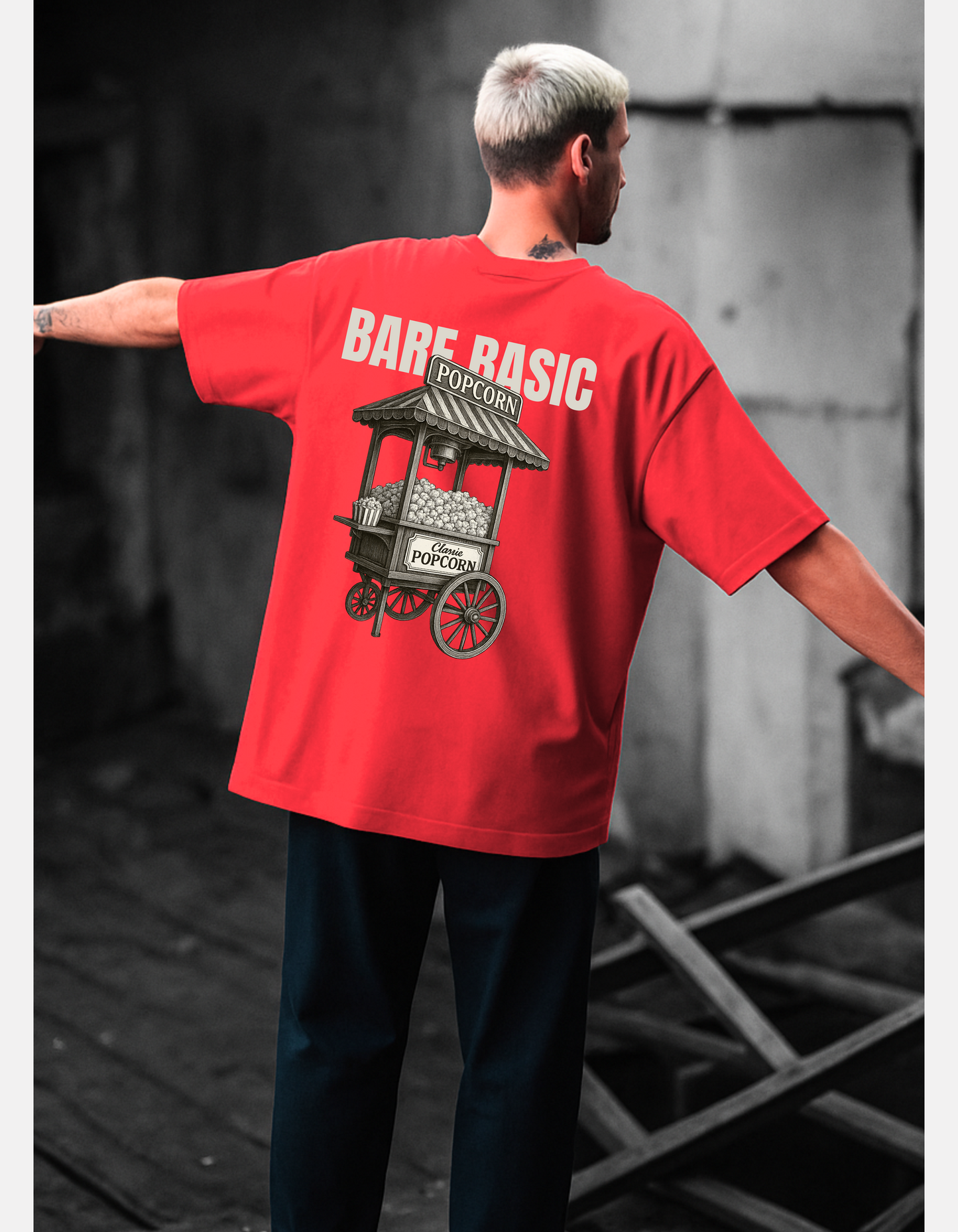 Retro Popcorn Cart T-Shirt – Red | Oversized Unisex Tee | Bare Basic