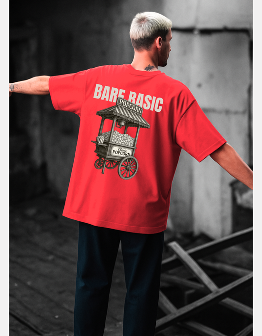 Retro Popcorn Cart T-Shirt – Red | Oversized Unisex Tee | Bare Basic