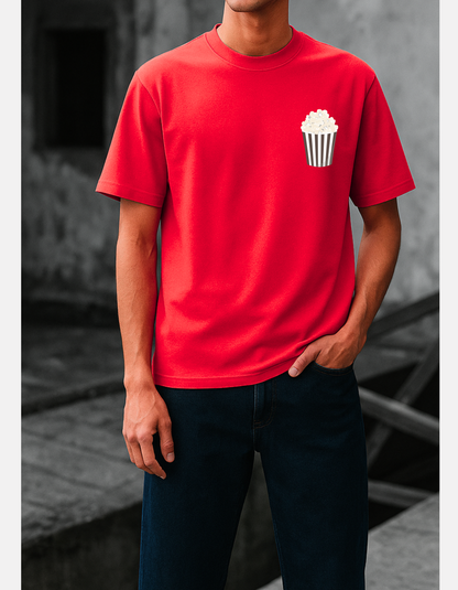 Retro Popcorn Cart T-Shirt – Red | Oversized Unisex Tee | Bare Basic