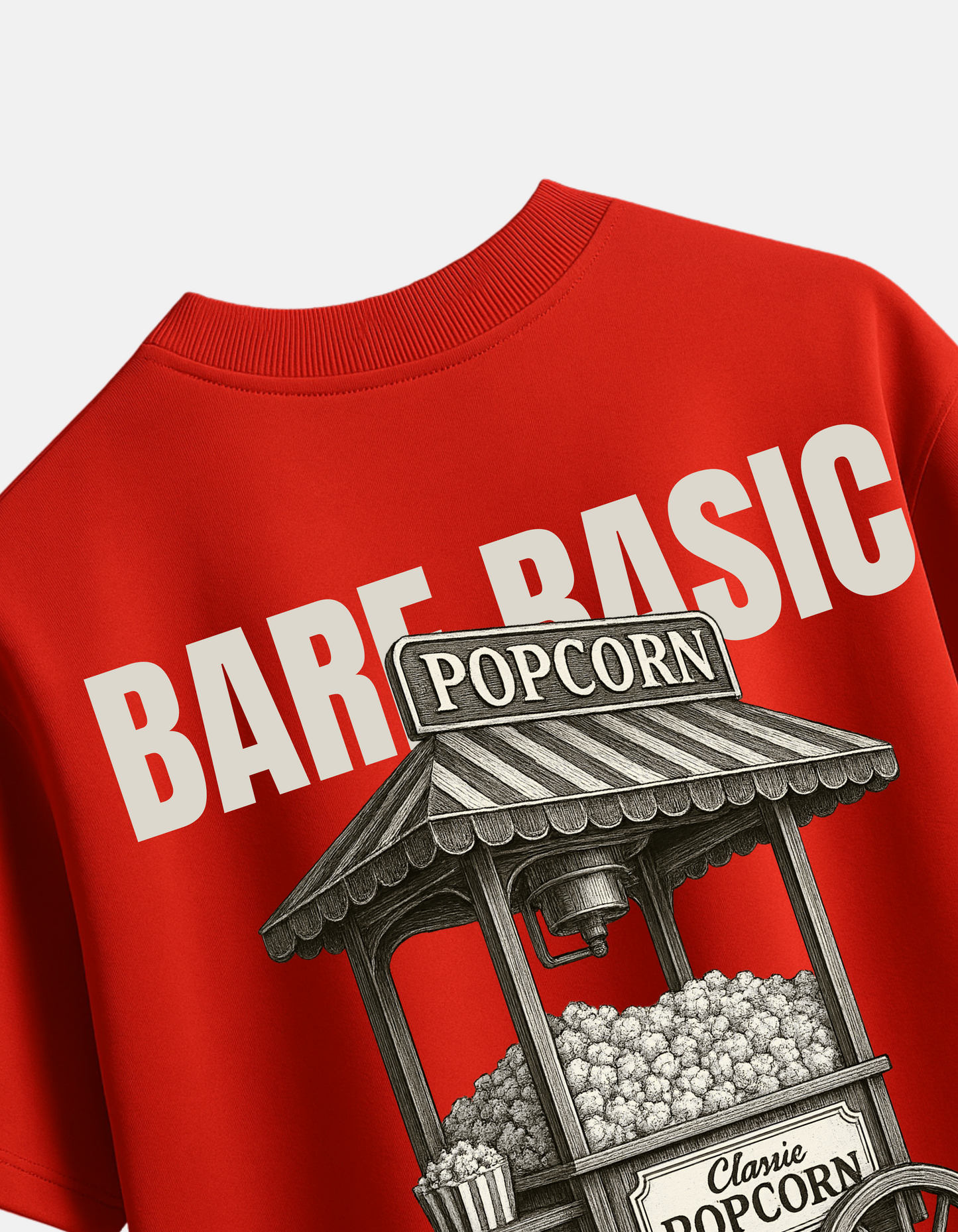 Retro Popcorn Cart T-Shirt – Red | Oversized Unisex Tee | Bare Basic