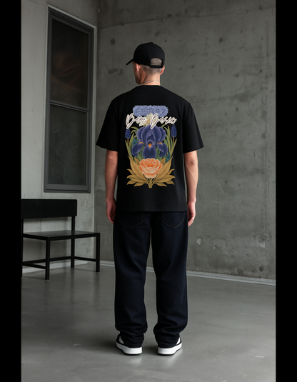 Midnight Bloom, Unisex Oversized Black Printed T-Shirt