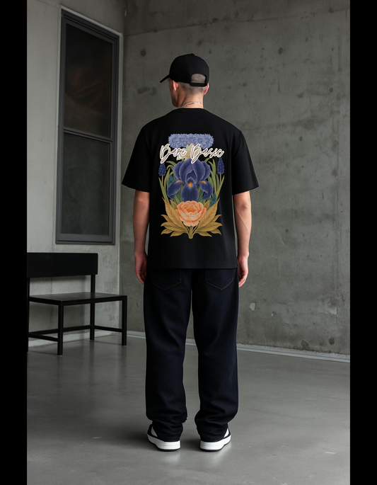 Midnight Bloom, Unisex Oversized Black Printed T-Shirt