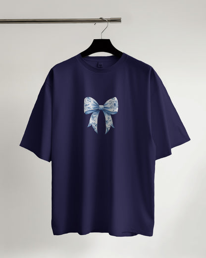 "Floral Bow Elegant Navy Blue T-shirt"