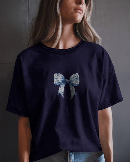 "Floral Bow Elegant Navy Blue T-shirt"
