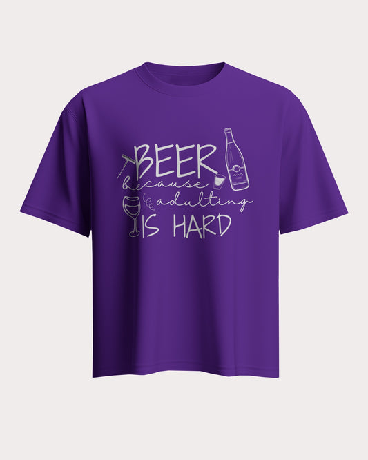 "Loose Fit 'Beer Because Adulting is Hard' Graphic Purple T-Shirt"