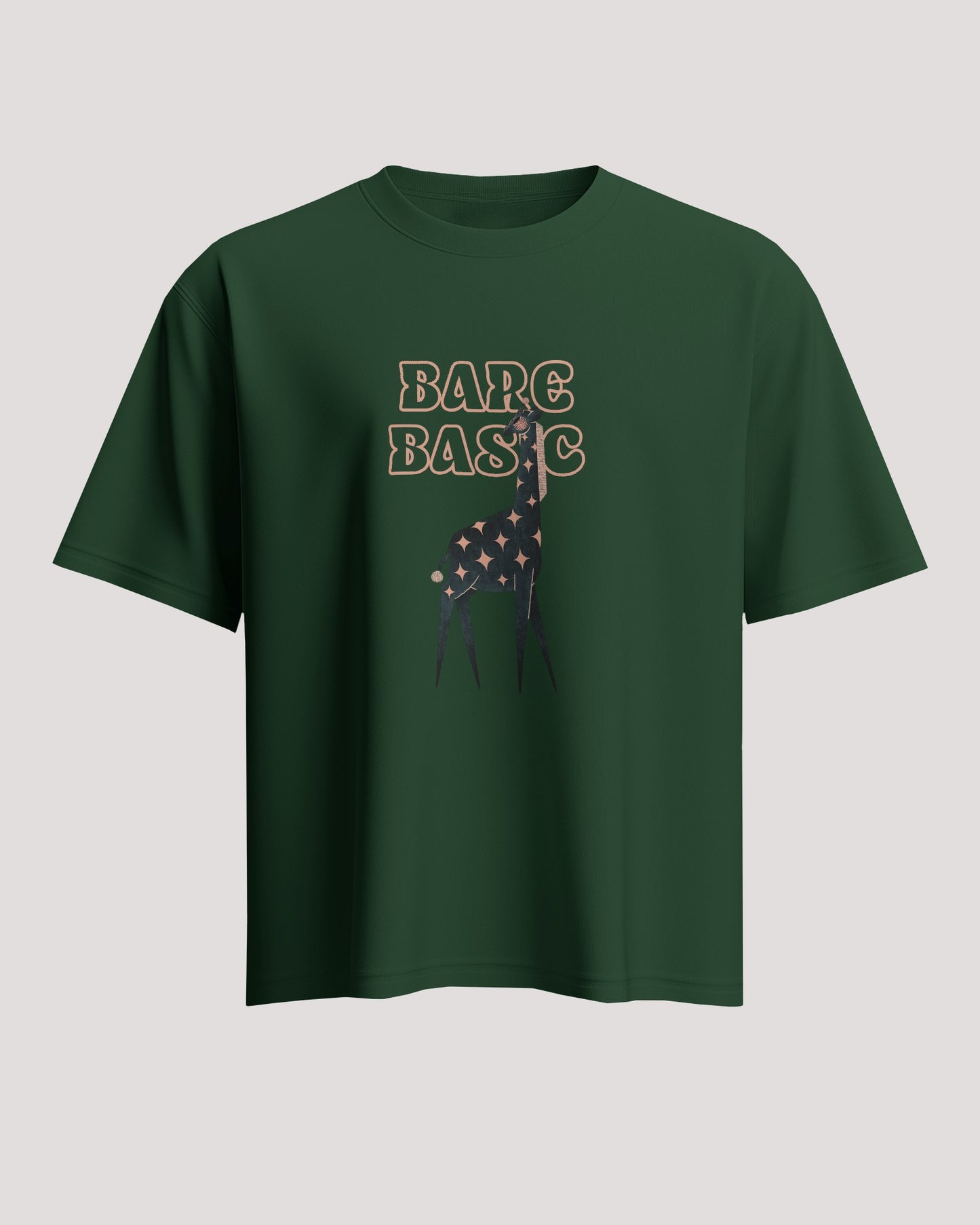 "Bare Basic Giraffe T-shirt - Trendy Green Unisex Tee with Starry Design"