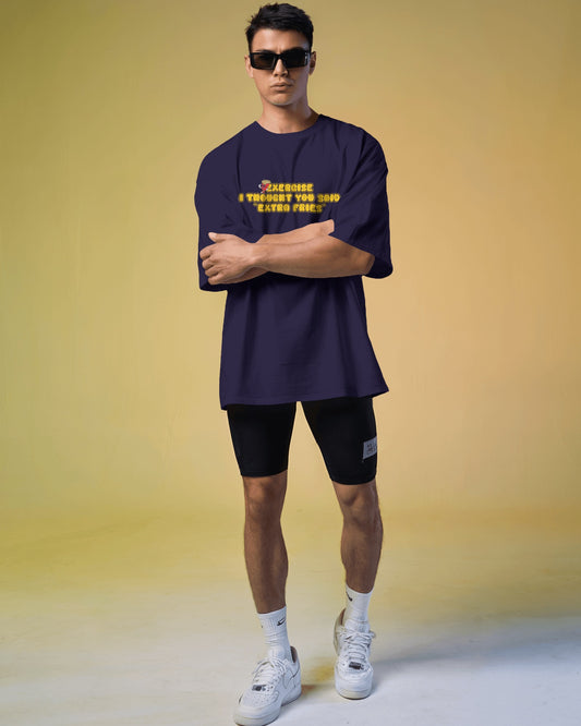 Loose Fit 'Exercise? I Thought You Said Extra Fries' Graphic Navy Blue T-Shirt"
