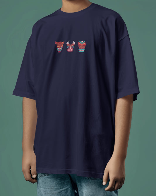 "Loose Fit 'Tiki Masks' Graphic Navy Blue T-Shirt | Unisex"