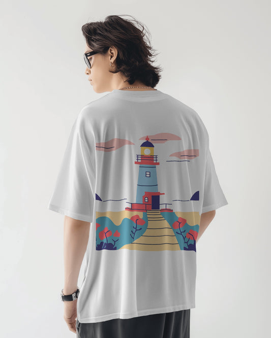 "Casual Fit 'Lighthouse' Graphic White T-Shirt"