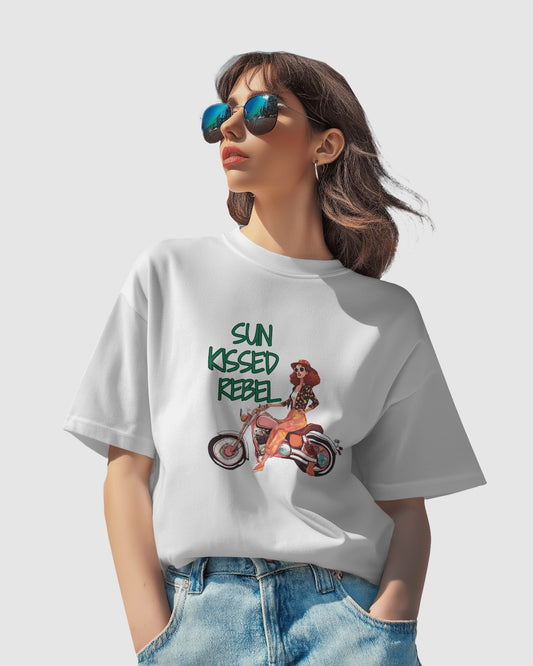 "Sun Kissed Rebel Graphic on White Cotton T-Shirt"